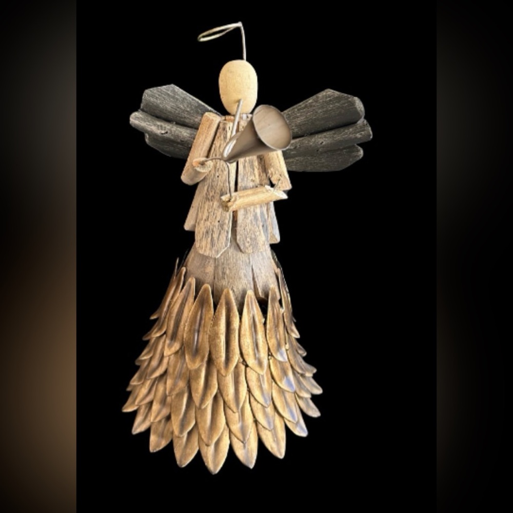 Elegant Gold and Black Angel Wooden Sculpture